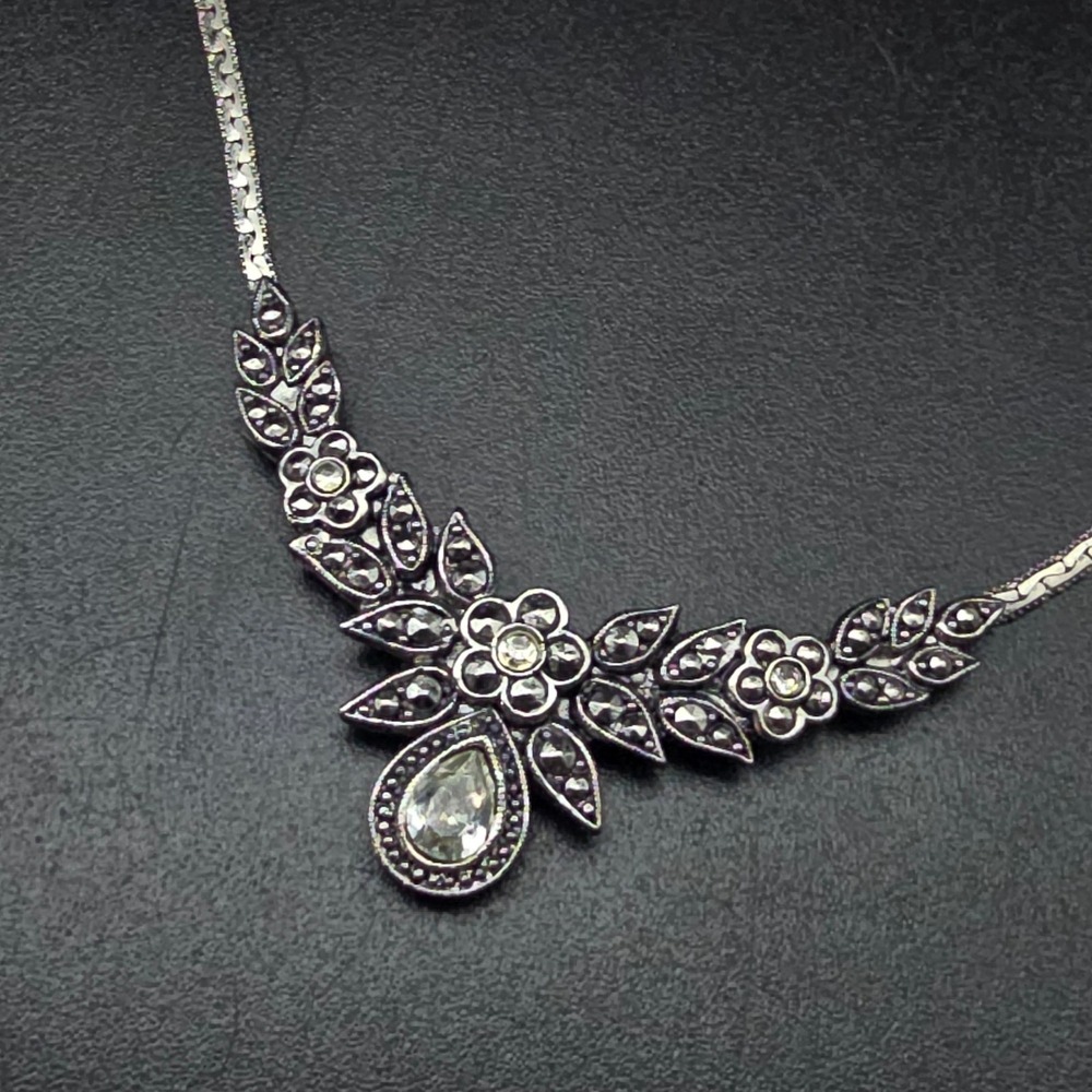 Avon Faux Marcasite Flower Necklace Rhinestones Vintage Costume Jewelry